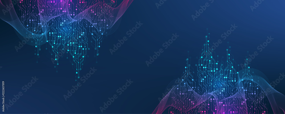 Aufkleber Artificial Intelligence or machine learning vector design. Quantum computer technology concept with circuit board and motherboard texture background design. Waves flow quantum explosion