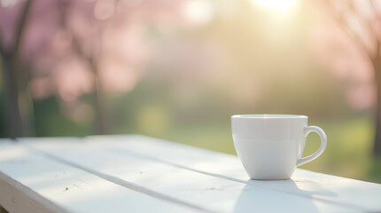 Fototapeta premium white table with blurred spring background