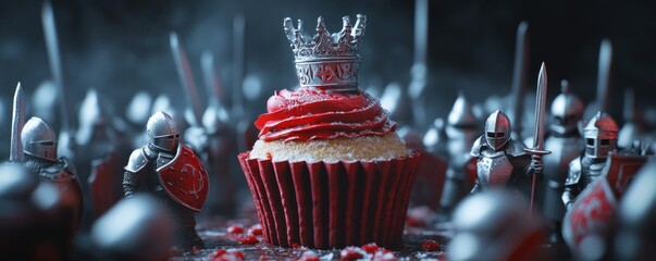 Cupcake crowned amidst miniature knight figures in battle setting