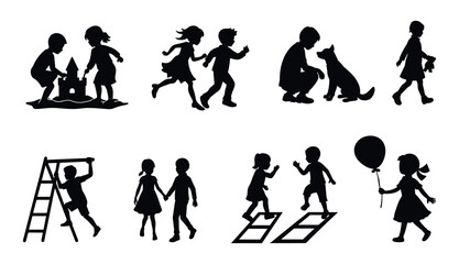 Vector silhouette collection of kids in various joyful activities. playing, jumping, running, walking, play with pets, Different moments of children's vector illustration on white background