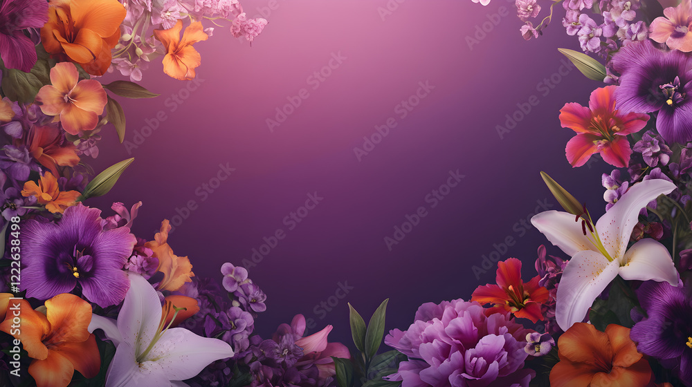 Poster gradient background in plum royale theme with flowers arranged as a frame with space for text.