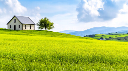 serene landscape featuring house on hill surrounded by vibrant green fields and distant mountains, evoking sense of peace and tranquility