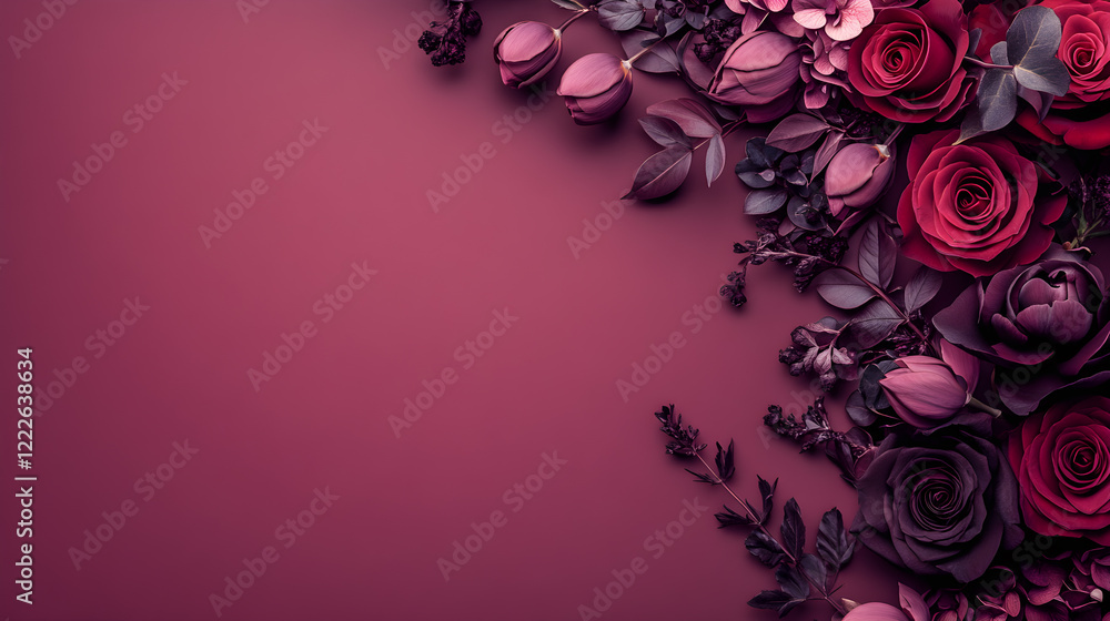 Poster gradient background in plum royale theme with delicately arranged roses on the right side with space