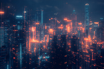 Obraz premium Futuristic Cityscape With Neon Orange And Blue Lights Illuminating Skyscrapers In A Cyberpunk Urban Setting. Generative AI