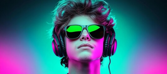 Obraz premium Neon Vibes Stylish Man Immersed in Music with Headphones, Green Lens Sunglasses, and a Retro Look