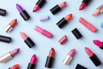 Obraz premium Beauty in action a flat lay of vibrant lipstick shades on a soft blue background lifestyle photography creative ads design minimalist environment top view concept