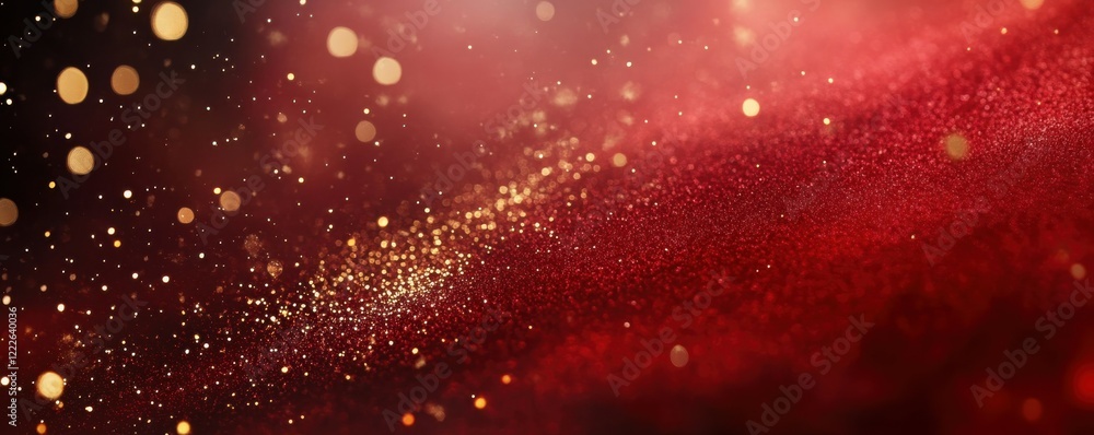 Poster sparkling red and gold glitter background with bokeh effect