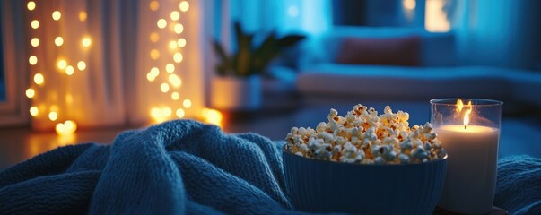 Cozy evening with warm blanket, popcorn, and candlelight in relaxing living room