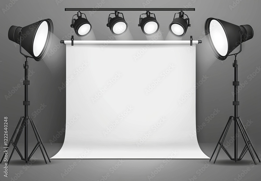 Poster a realistic 3d template mock-up set up in an empty photo studio. the backdrop stand (tripods) uses a