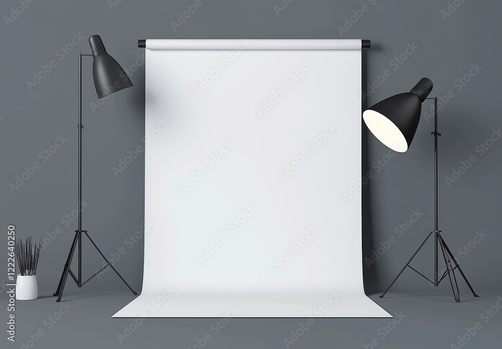 Poster empty photo studio featuring a realistic 3d template mock-up. backdrop stand (tripods) with a white 