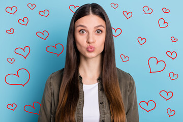 Portrait of pretty lady send air kiss boyfriend romantic event isolated on blue color background
