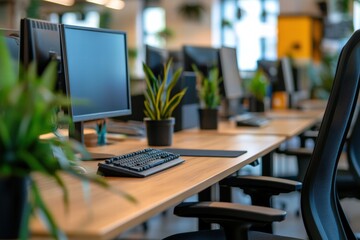 A stylish office desk equipped with computer screens, plants, and a minimalist layout that promotes focused work sessions.