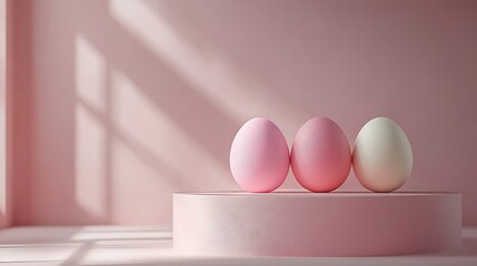 Fototapeta premium Easter eggs podium for product presentation, happy easter day concept, minimal scene with pedestal and egg, Easter day with geometry platform for product,