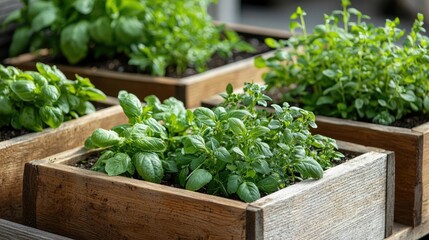 Local foods gardening idea. Fresh herbs growing in wooden boxes, showcasing vibrant green foliage and rich soil.