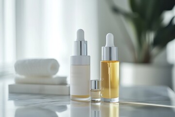 Beauty ads featuring a stylish arrangement of skincare products in a serene indoor environment captured from an aesthetic viewpoint for ultimate visual appeal