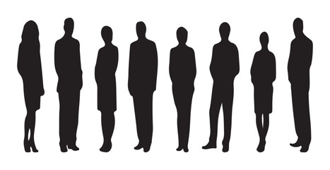 Vector silhouettes of men and a woman, a group of standing businesspeople, black color isolated on a white background art design people
