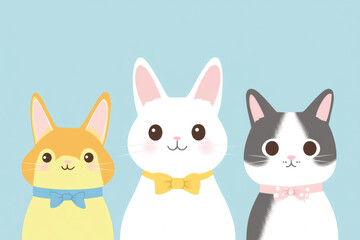Three cute animals with bow ties on blue background