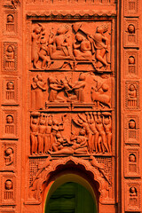 Terracotta carvings on the façade of the ruined Ras Mandir inside Hadal Narayanpur Jamindarbari, Hadal Narayanpur, West Bengal, India.
