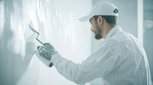 A close-up of a painter in a white uniform and cap, carefully applying paint to a wall with a roller, with a background of a freshly painted room