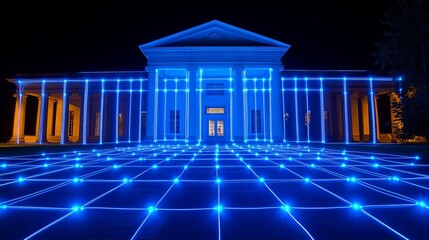 Grand Building Connected., Digital Network Projection Mapping, Blue Lights Architectural Design.