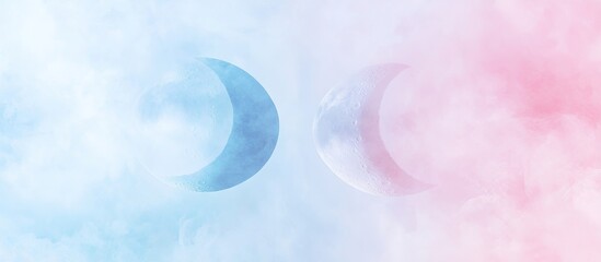 Dreamy background featuring two crescent moons in soft baby blue and pink hues centered in a serene foggy atmosphere ideal for baby announcements