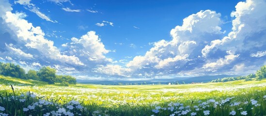 Fototapeta premium Vibrant spring meadow with lush green grass and delicate white flowers under a bright blue sky filled with fluffy white clouds creating a serene landscape