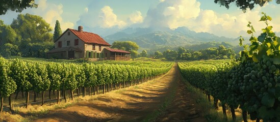 Obraz premium Vibrant vineyard landscape with lush green grapevines leading to a charming farmhouse under a blue sky and rolling hills in the background