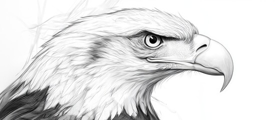 Detailed black and white sketch of a bald eagle's head with sharp eyes and prominent beak showcasing strength and majesty against a white background