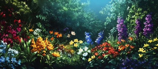 Vibrant floral landscape featuring colorful blooms in shades of yellow, orange, purple, and blue, set in a lush green forest with dappled sunlight.