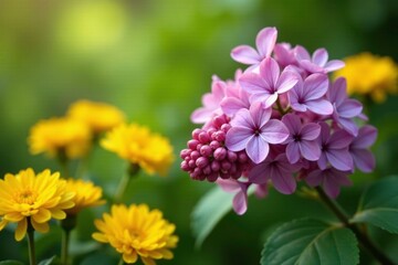 Fototapeta premium Purple lilac blooms against a backdrop of golden chrysanthemum flowers and lush greenery, floral, lilac