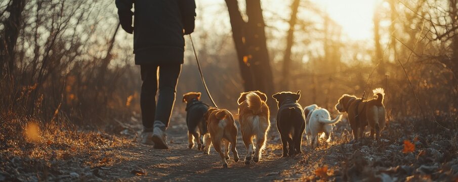 Person walking multiple dogs in autumn forest at sunset