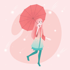 Young woman with umbrella in cartoon style