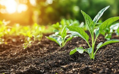Organic produce gardening concept. Fresh green plants growing in rich soil under warm sunlight, symbolizing life and growth.