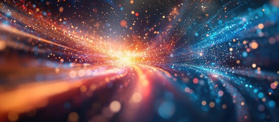 Abstract swirling colors of blue, orange, and purple create a cosmic scene with glowing particles, inviting exploration and engagement in an advanced realm.