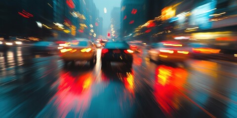 A blurred motion shot of cars driving through heavy rain