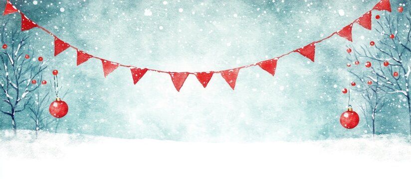 Watercolor New Year card design featuring a blue winter background with red bunting and ornaments surrounded by snow-covered trees.