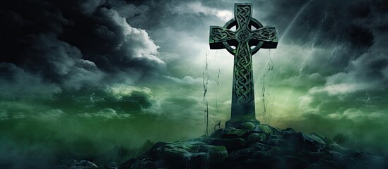 Celtic cross illuminated by eerie green light, with a cloudy moonlit sky, featuring spooky text overlay for a Halloween theme.