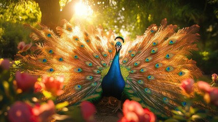 A peacock displaying vibrant feathers.