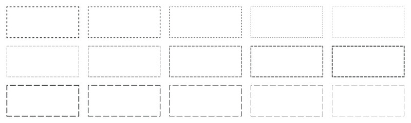 Seit of rectangle frame styles with dashed borders isolated on transparent background