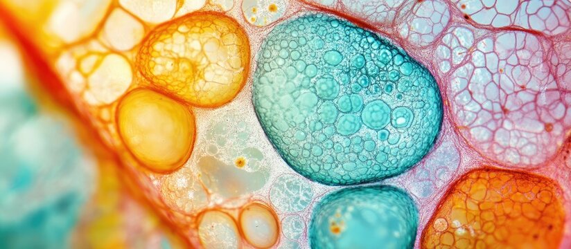 Detailed microscope slide of plant cells at 400x magnification showcasing vibrant blue and orange cells with intricate textures and structures.