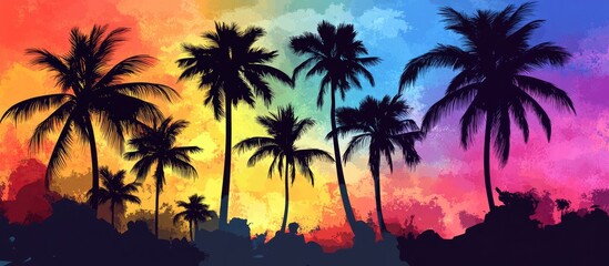 Obraz premium Vibrant sunrise silhouette of palm trees against a colorful gradient backdrop featuring blue, pink, yellow, and green hues in early morning light.