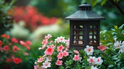 A rustic clay lantern in a garden.