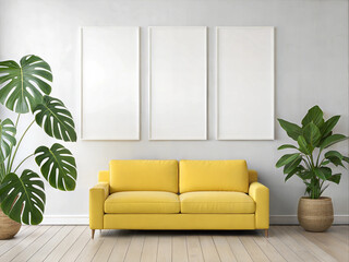 Two vertical blank frame mockup under yellow sofa in living room. Poster mockup in modern interior with house plants.