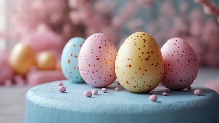 Obraz premium Easter eggs podium for product presentation, happy easter day concept, minimal scene with pedestal and egg, Easter day with geometry platform for product,