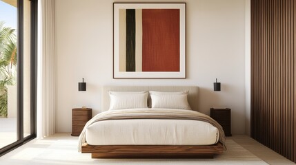 A serene, modern bedroom featuring a wooden bed frame, soft bedding, abstract wall art, and minimalistic decor, creating a tranquil atmosphere.