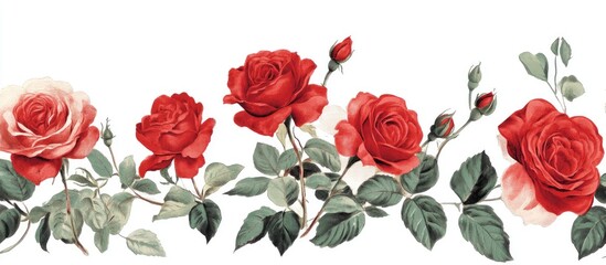 Vibrant red and pink roses arranged in a floral border on a clean white backdrop, ideal for romantic celebrations and festive occasions.