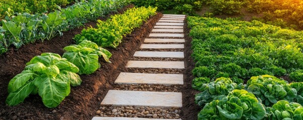 Eco-friendly practices gardening concept. A serene garden pathway bordered by lush green vegetables and vibrant foliage.