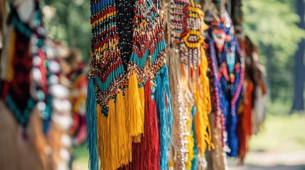 Colorful Indigenous regalia displayed outdoors.