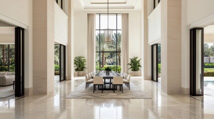 Fototapeta premium A modern, spacious dining area with tall windows, elegant furnishings, and greenery, creating a light and inviting atmosphere.