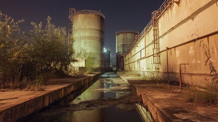 Obraz premium Abandoned Industrial Plant at Night with Overgrown Vegetation